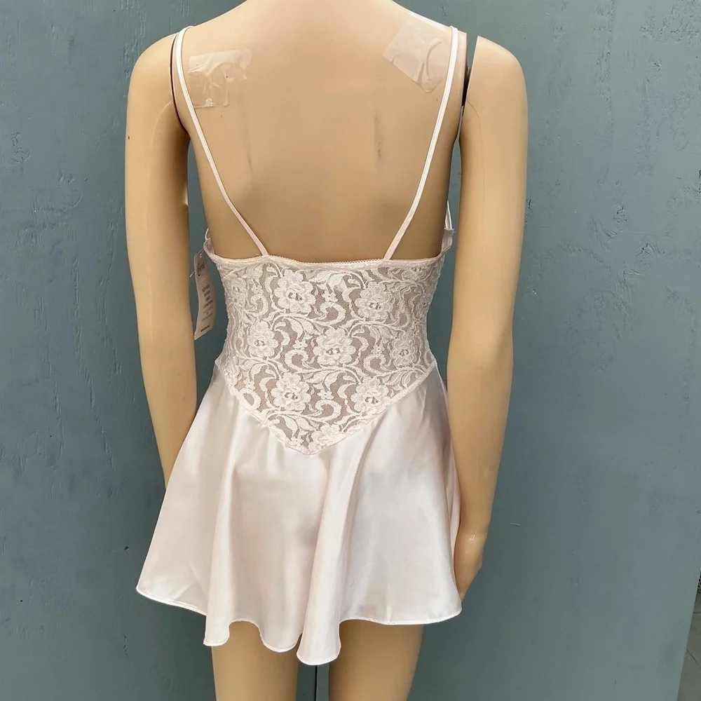 New Vintage Pink Lace Satin Women Babydoll Mini Slip Dress Size Medium NWT - Picture 5 of 12